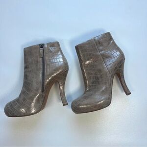 Glam Crocodile-Embossed Taupe Heeled Boots